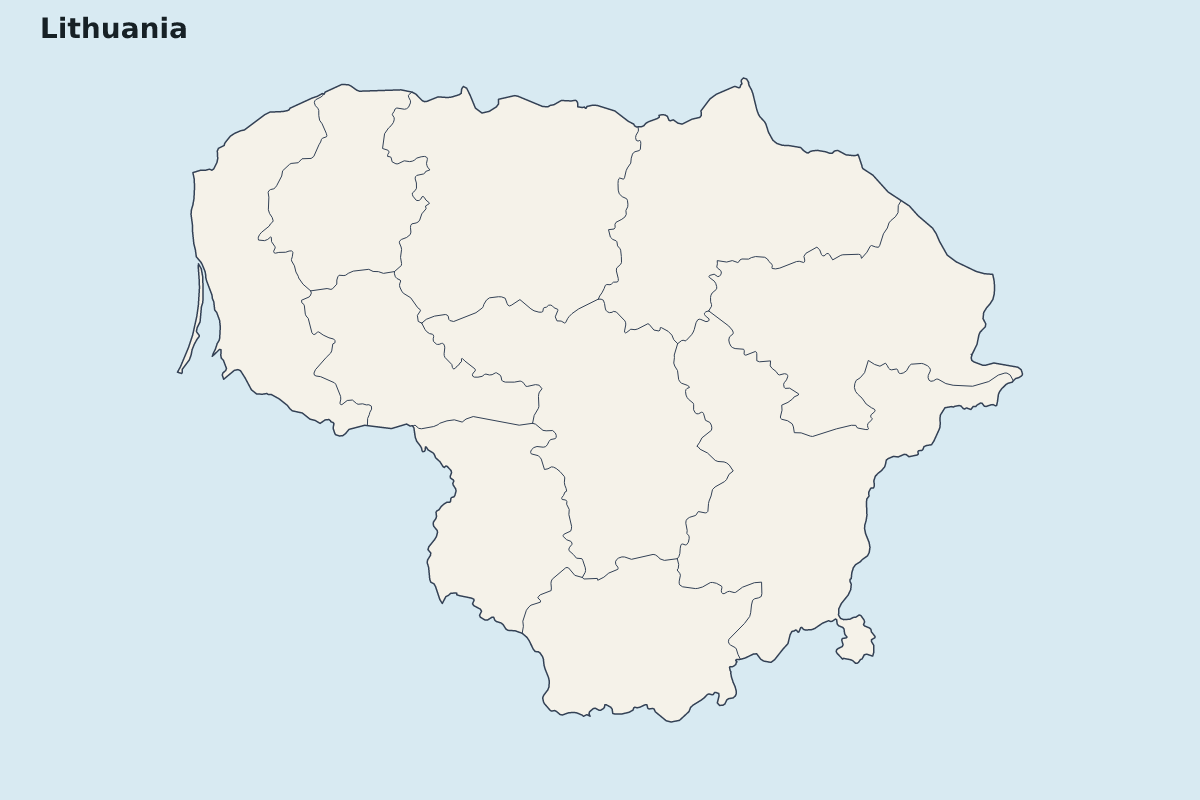 Mapa de resaltado de Lithuania con límites administrativos internos.