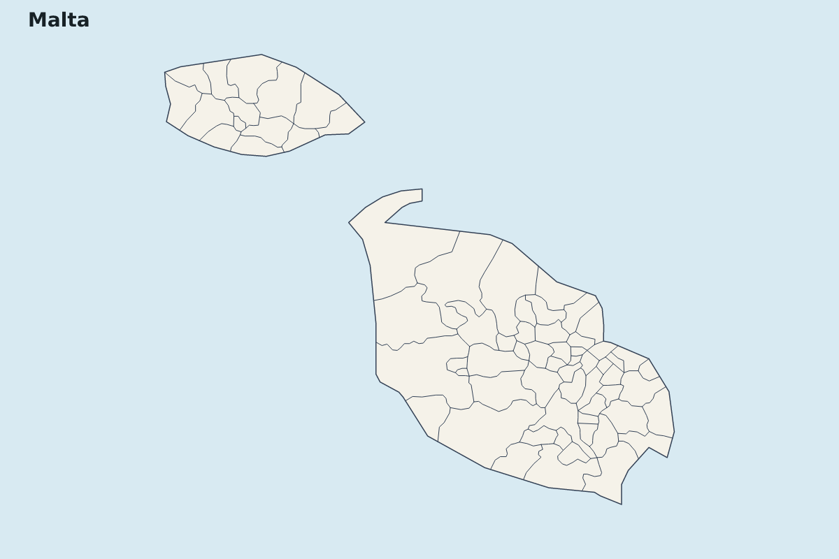 Mapa de resaltado de Malta con límites administrativos internos.