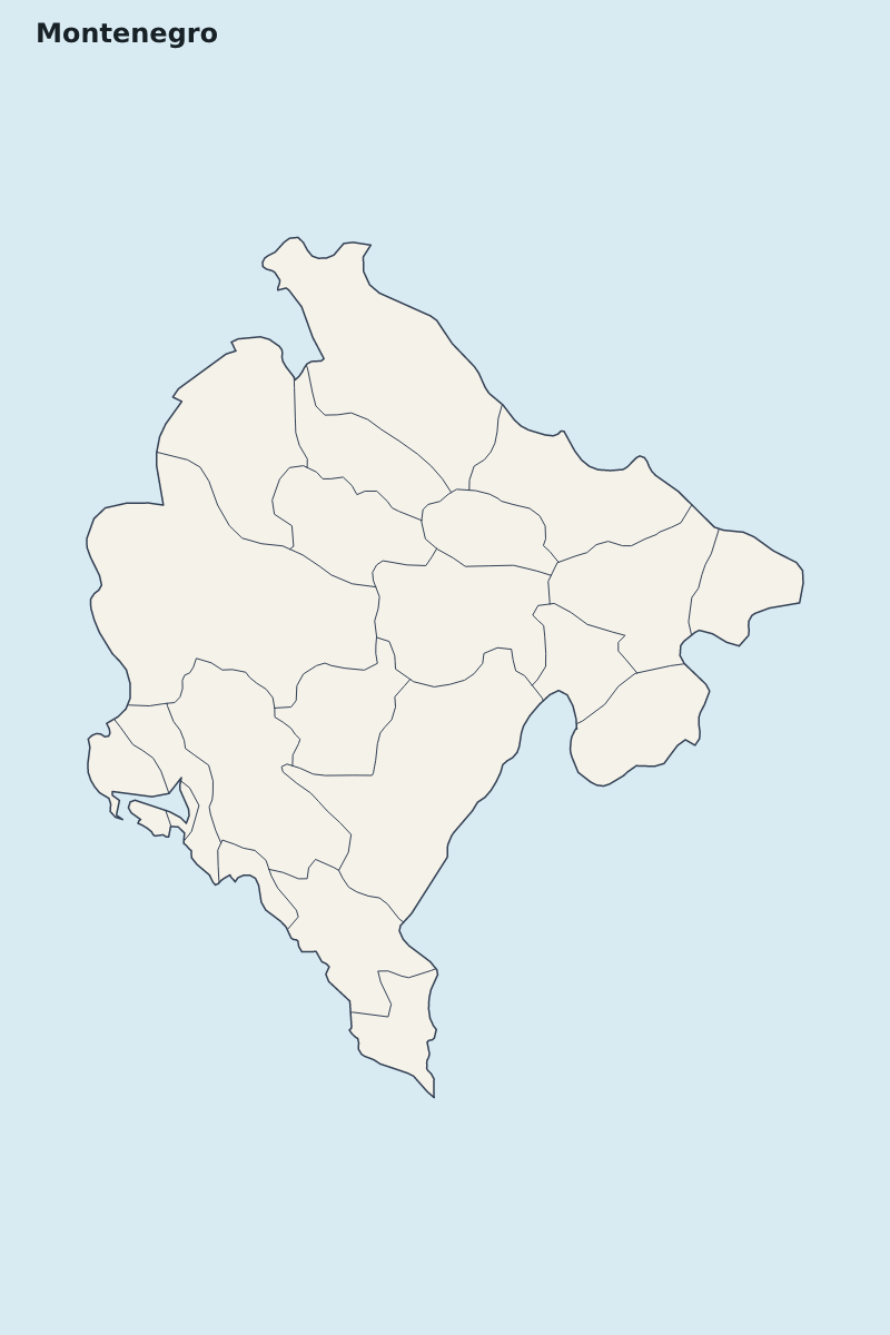 Mapa de resaltado de Montenegro con límites administrativos internos.