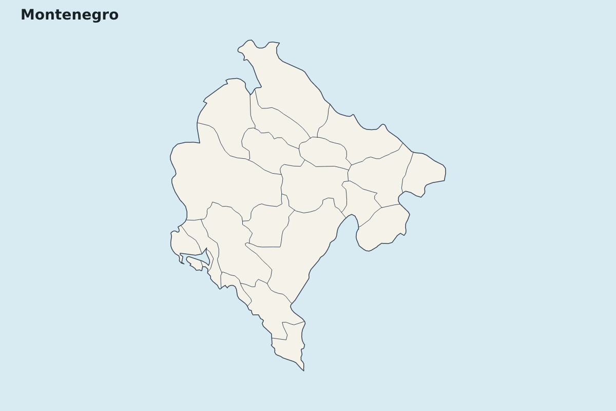Mapa de resaltado de Montenegro con límites administrativos internos.
