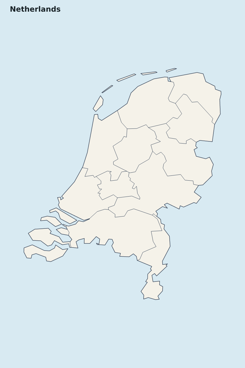 Mapa de resaltado de Netherlands con límites administrativos internos.