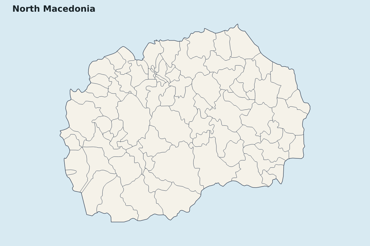 Mapa de resaltado de Macedonia del Norte con límites administrativos internos.