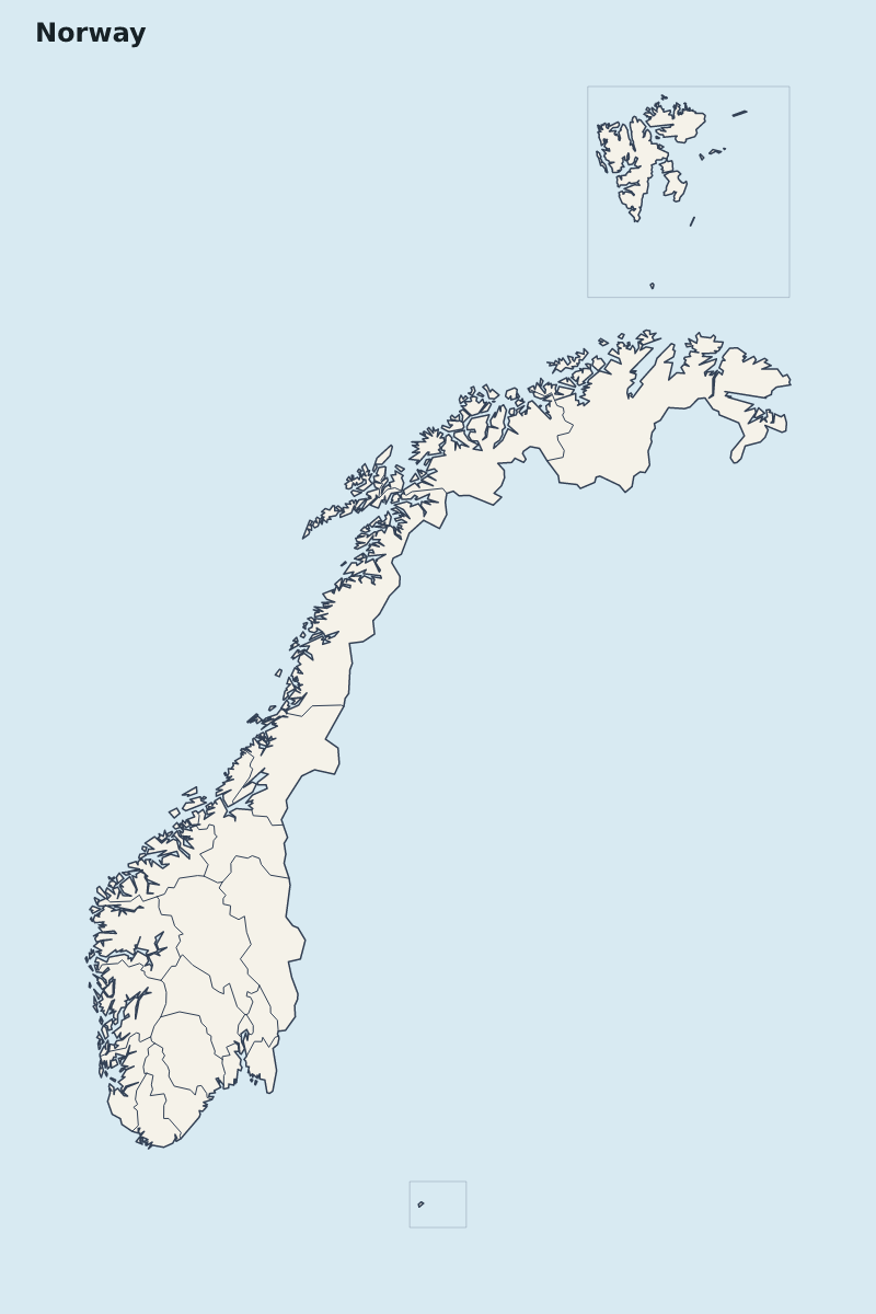 Mapa de resaltado de Norway con límites administrativos internos.