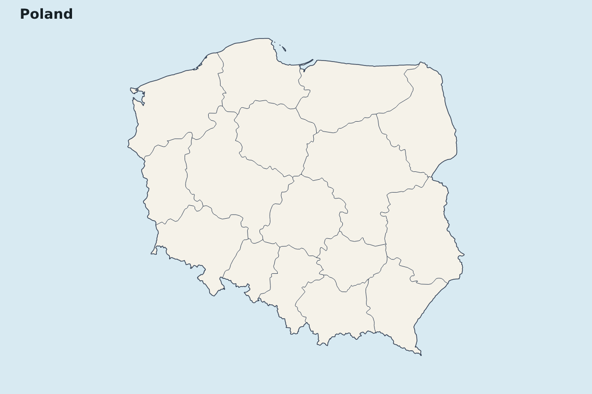 Mapa de resaltado de Poland con límites administrativos internos.