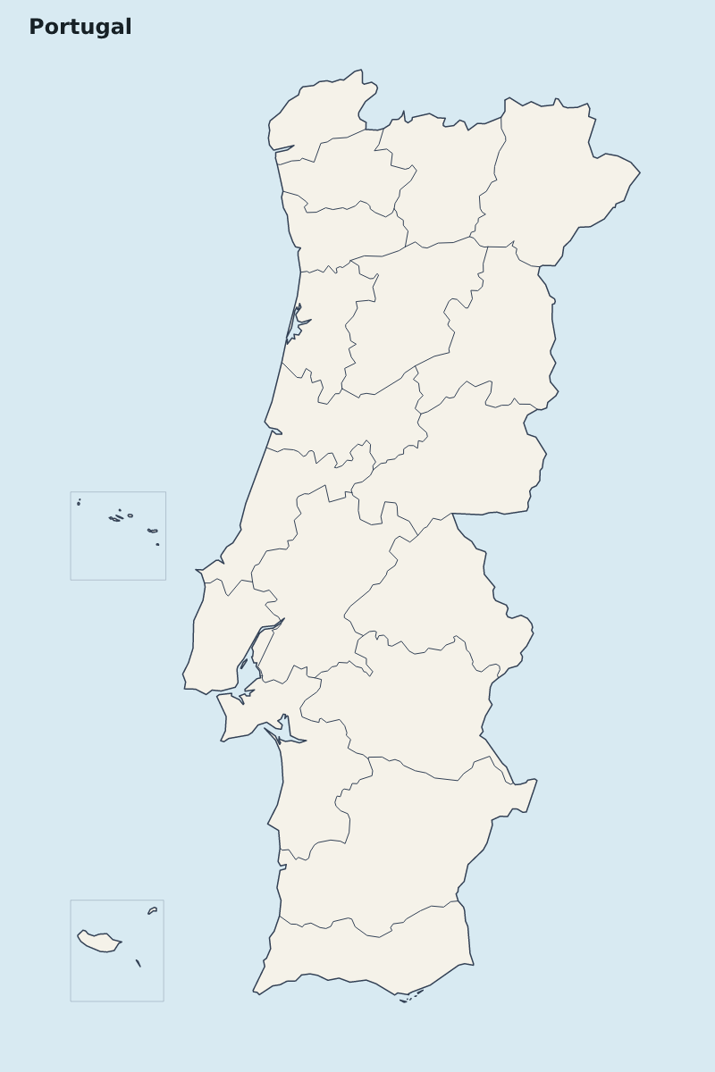 Mapa de resaltado de Portugal con límites administrativos internos.