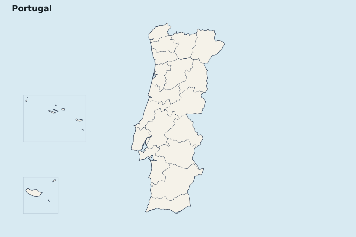 Mapa de resaltado de Portugal con límites administrativos internos.