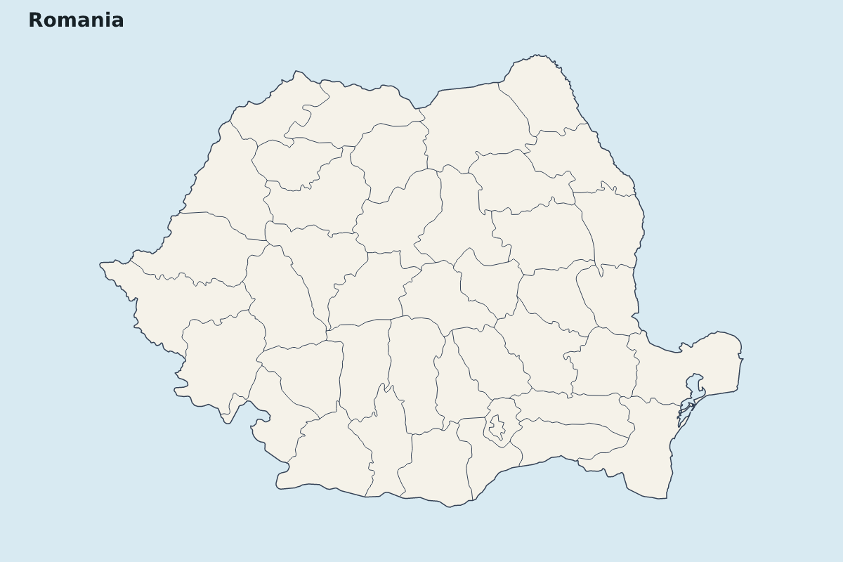Mapa de resaltado de Romania con límites administrativos internos.
