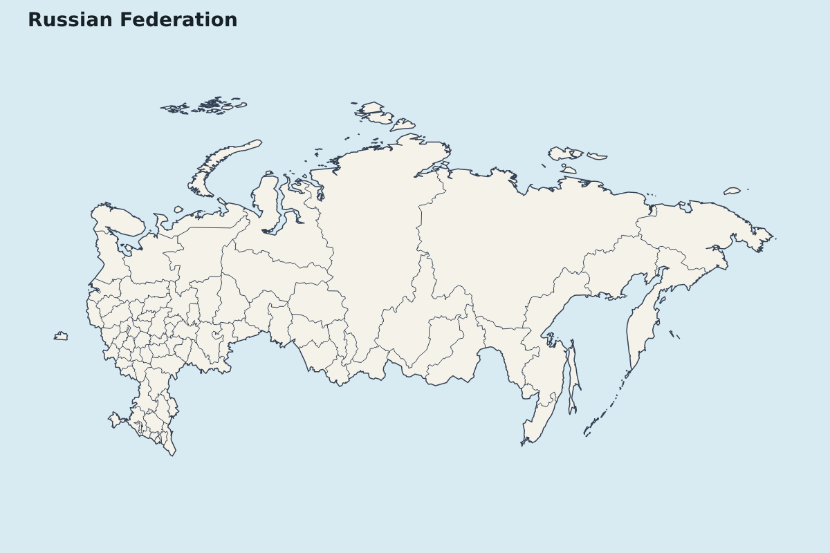 Mapa de resaltado de Russian Federation con límites administrativos internos.