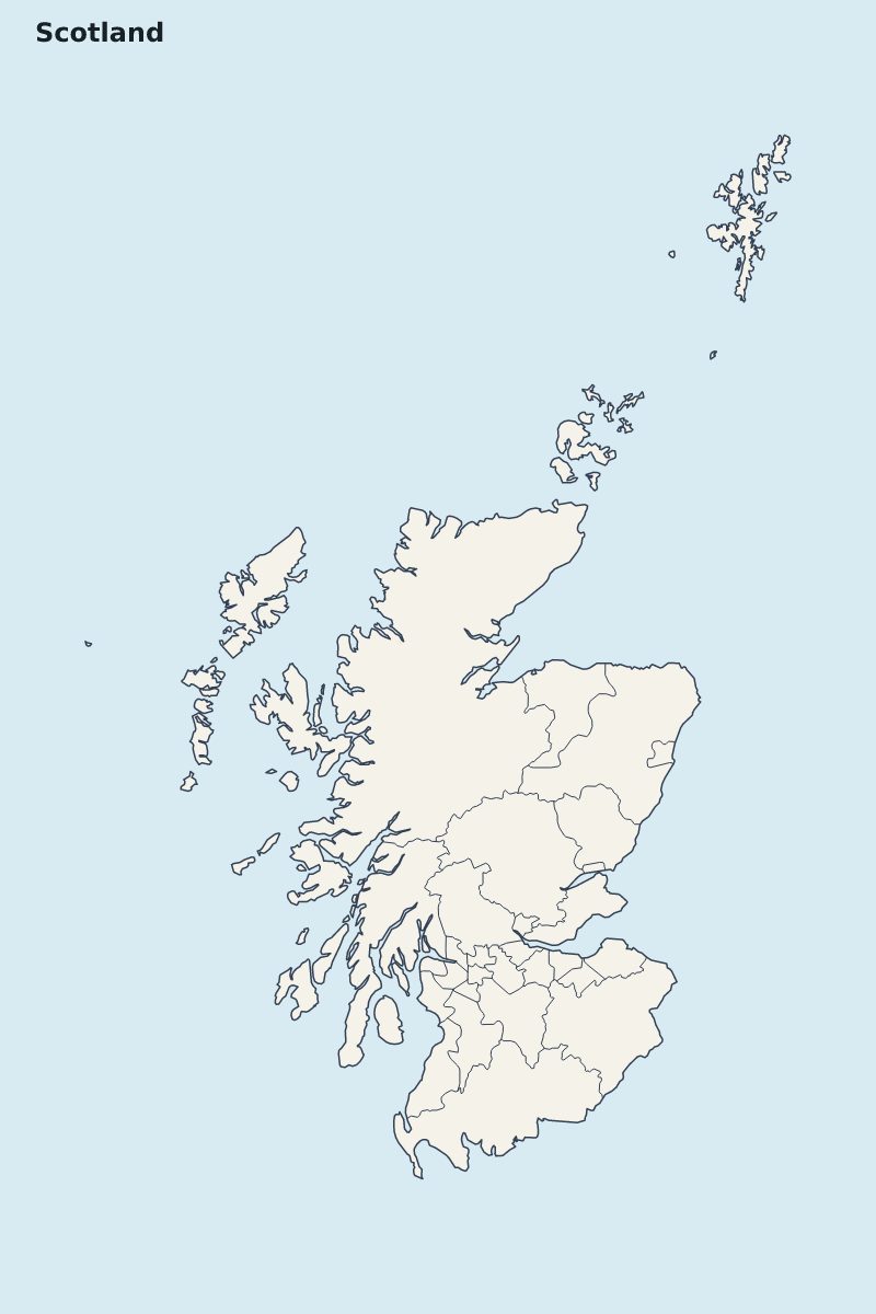 Mapa de resaltado de Scotland con límites administrativos internos.