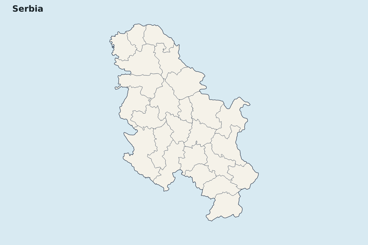 Mapa de resaltado de Serbia con límites administrativos internos.