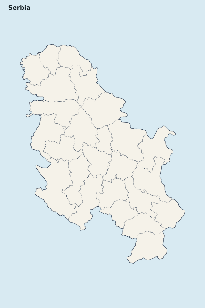 Mapa de resaltado de Serbia con límites administrativos internos.