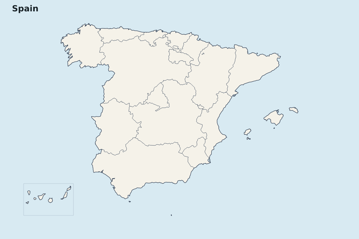 Mapa de resaltado de Spain con límites administrativos internos.