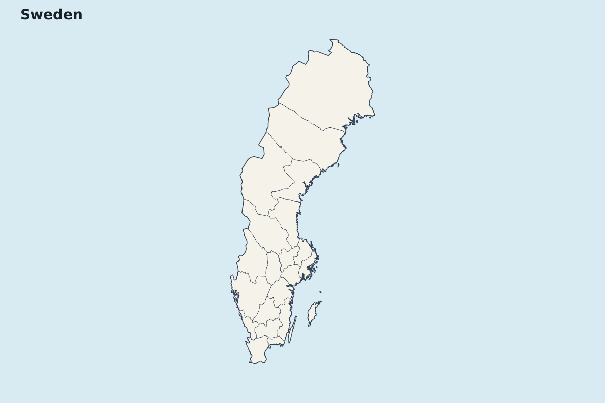 Mapa de resaltado de Sweden con límites administrativos internos.