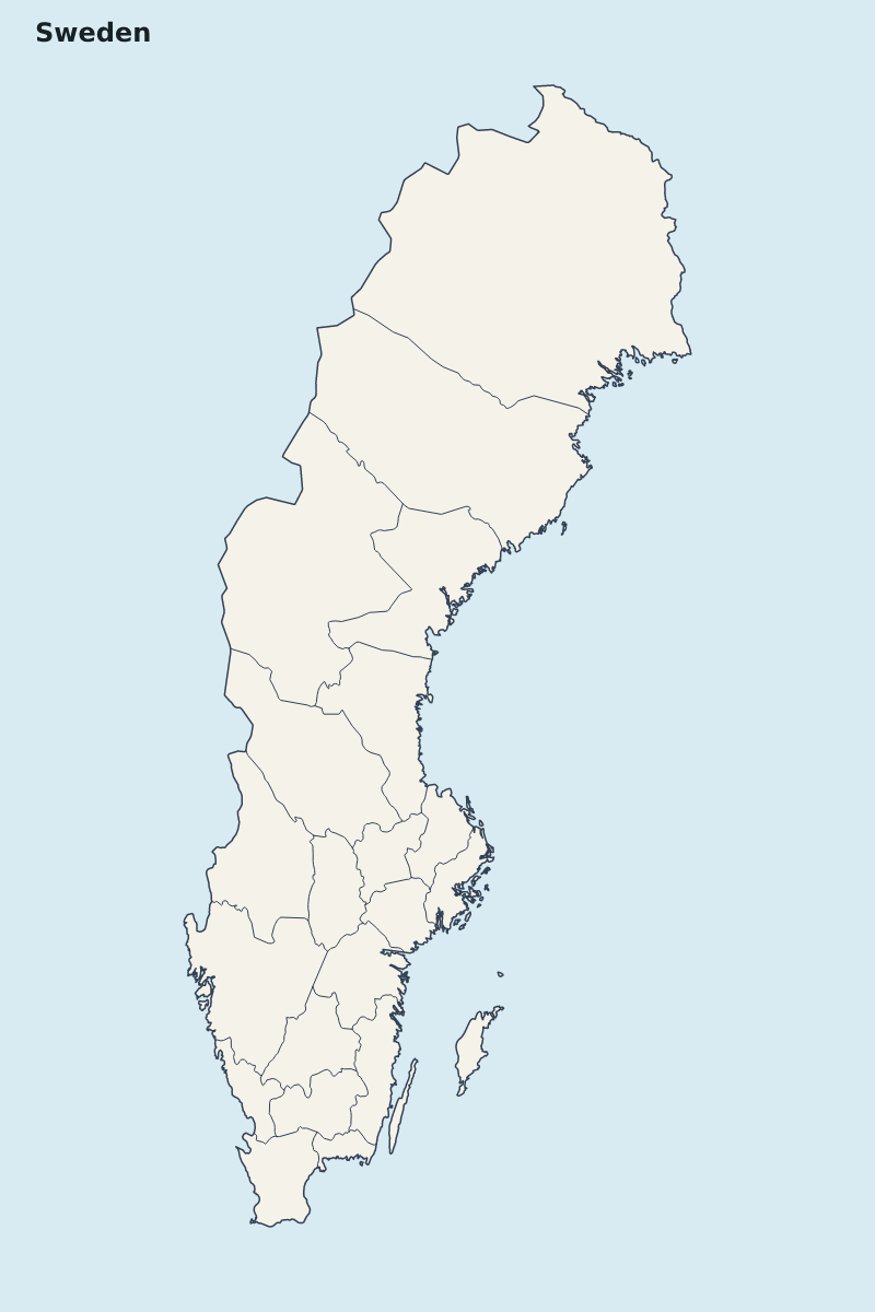 Mapa de resaltado de Sweden con límites administrativos internos.