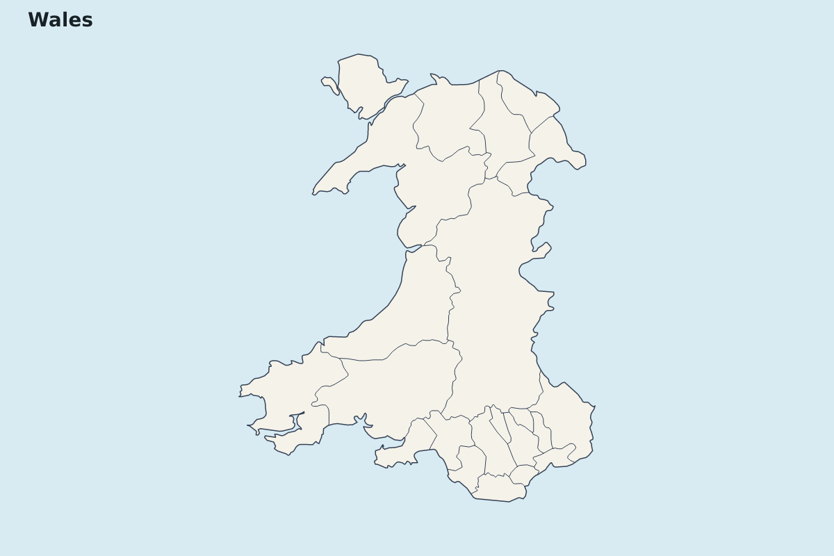 Carte de mise en évidence de Wales avec limites administratives internes.