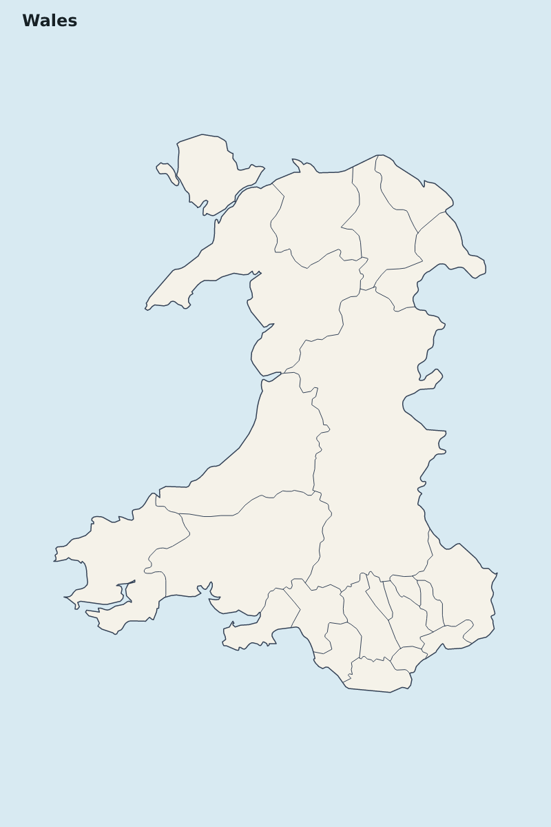 Mapa de resaltado de Wales con límites administrativos internos.