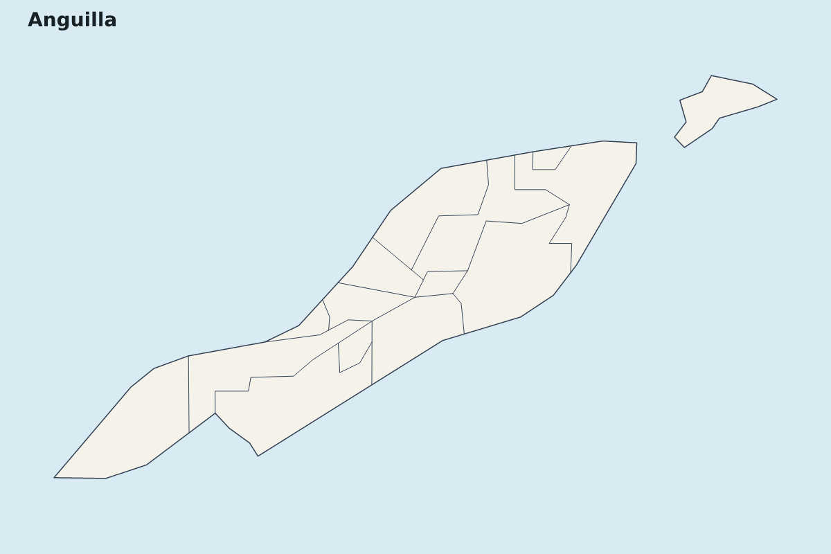 Mapa de resaltado de Anguilla con límites administrativos internos.