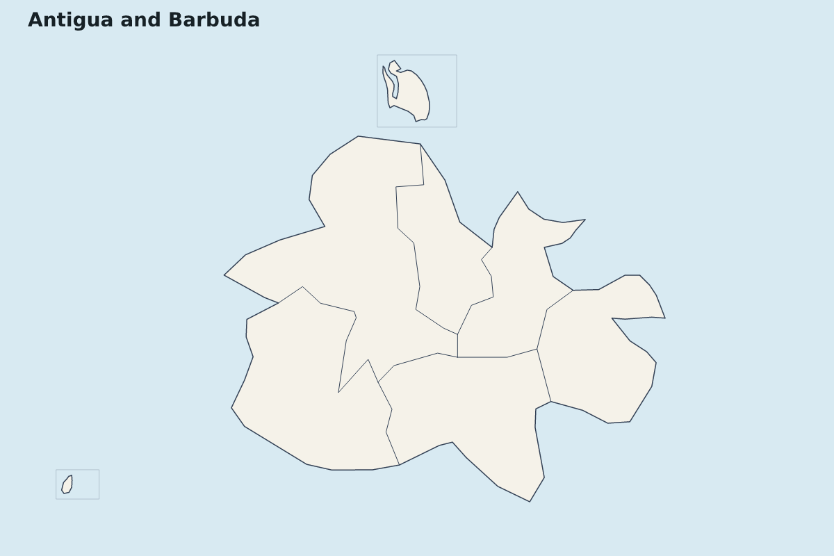 Mapa de resaltado de Antigua and Barbuda con límites administrativos internos.