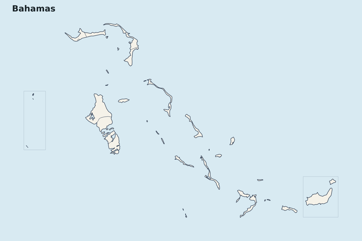 Mapa de resaltado de Bahamas con límites administrativos internos.