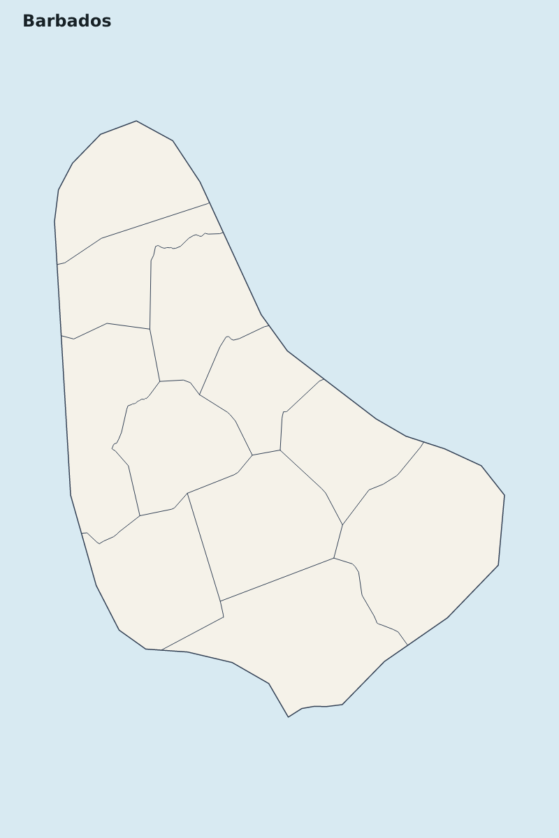 Mapa de resaltado de Barbados con límites administrativos internos.