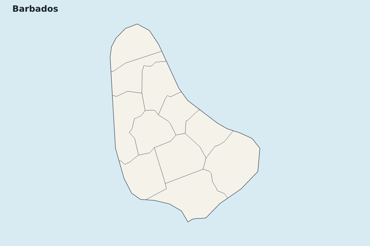 Highlight map of Barbados with internal administrative boundaries.