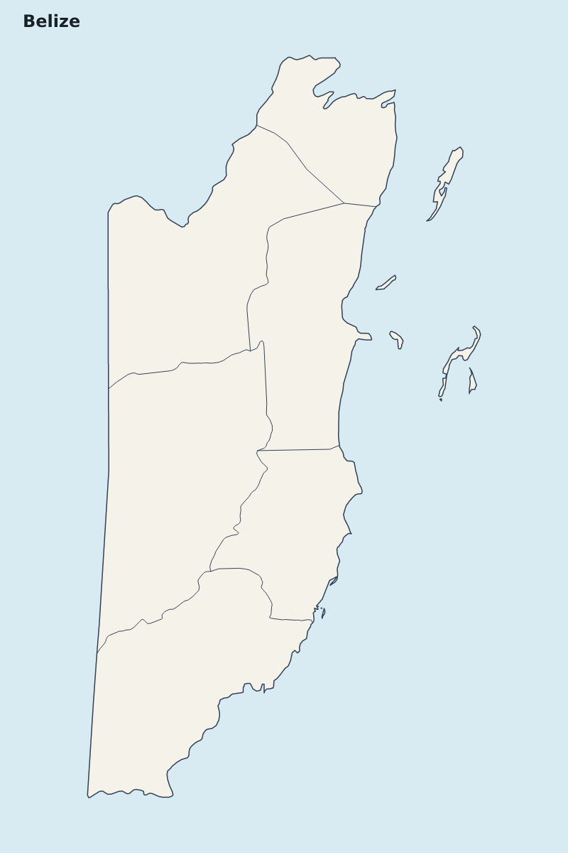 Mapa de resaltado de Belize con límites administrativos internos.