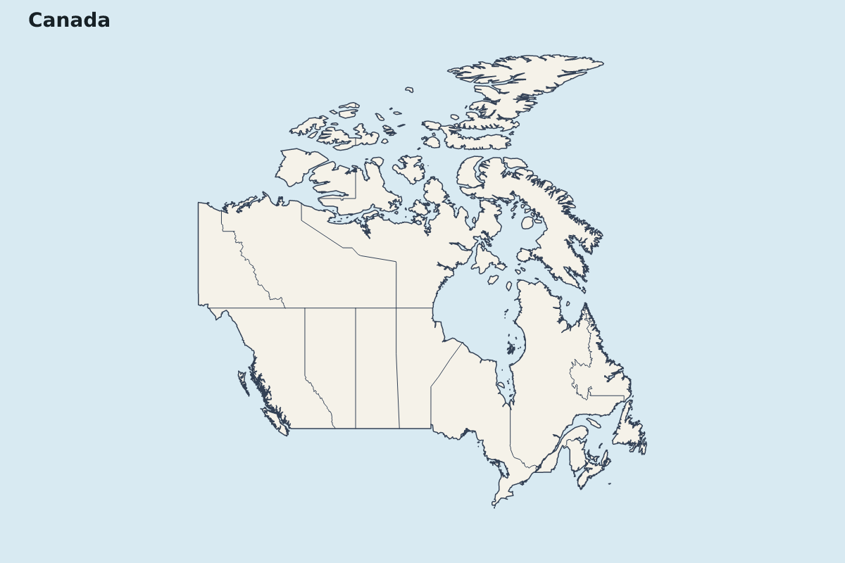 Mapa de resaltado de Canada con límites administrativos internos.