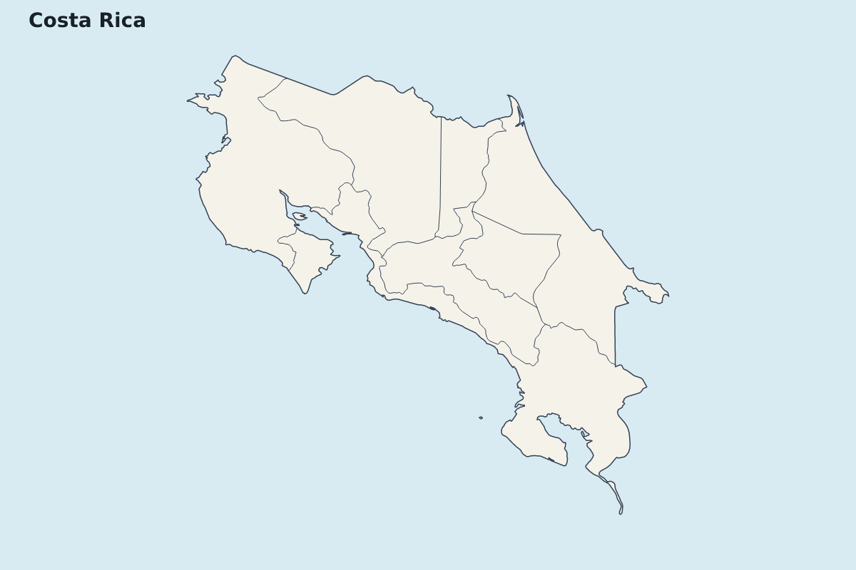 Mapa de resaltado de Costa Rica con límites administrativos internos.