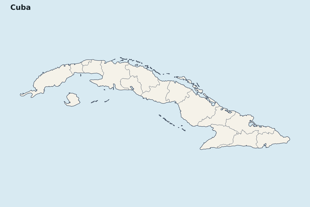 Highlight map of Cuba with internal administrative boundaries.