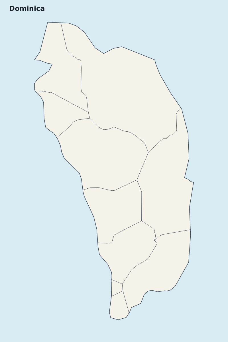Mapa de resaltado de Dominica con límites administrativos internos.