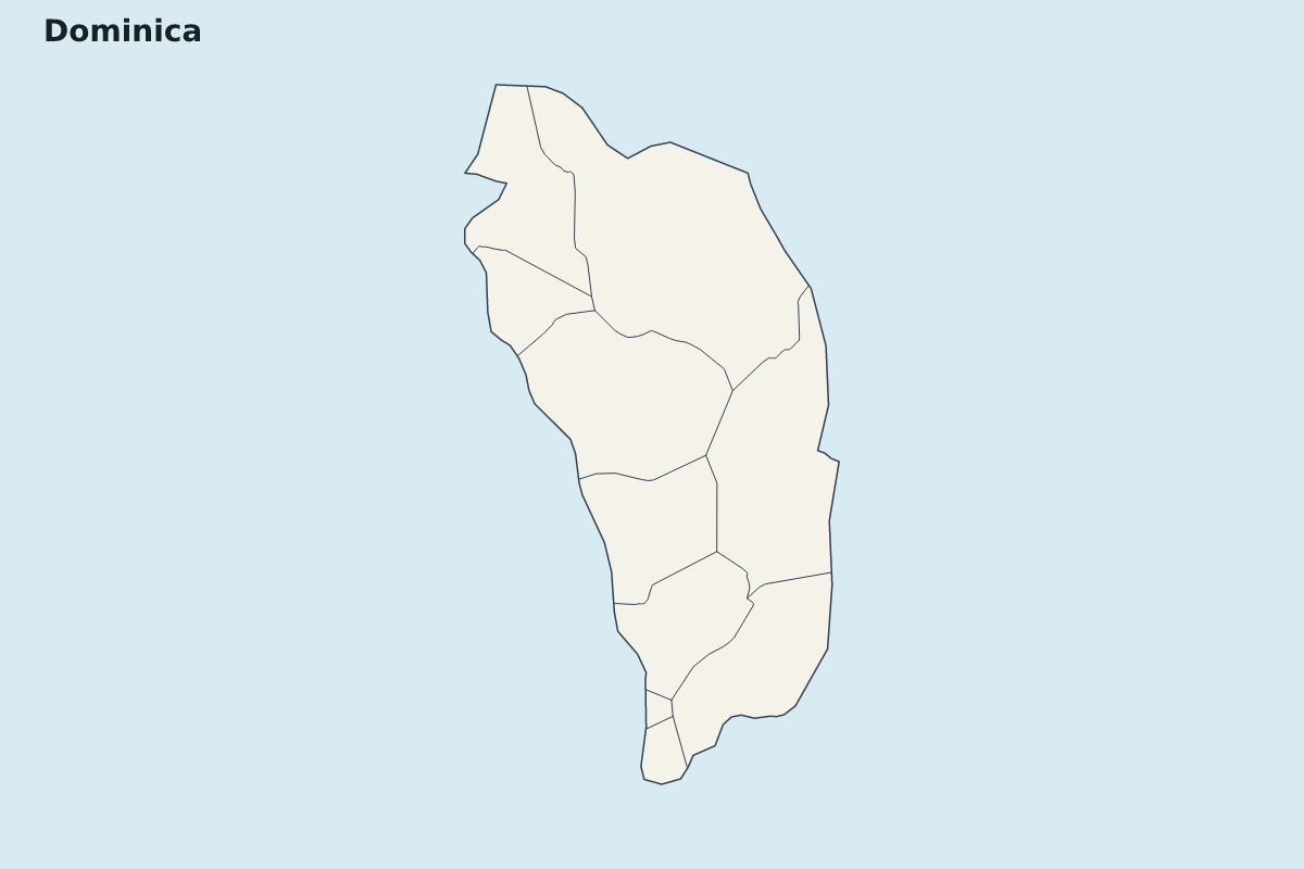 Highlight map of Dominica with internal administrative boundaries.