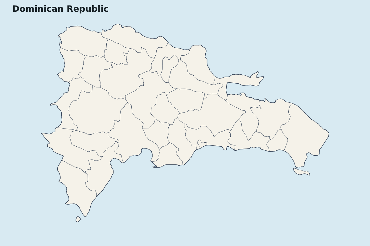 Mapa de resaltado de Dominican Republic con límites administrativos internos.