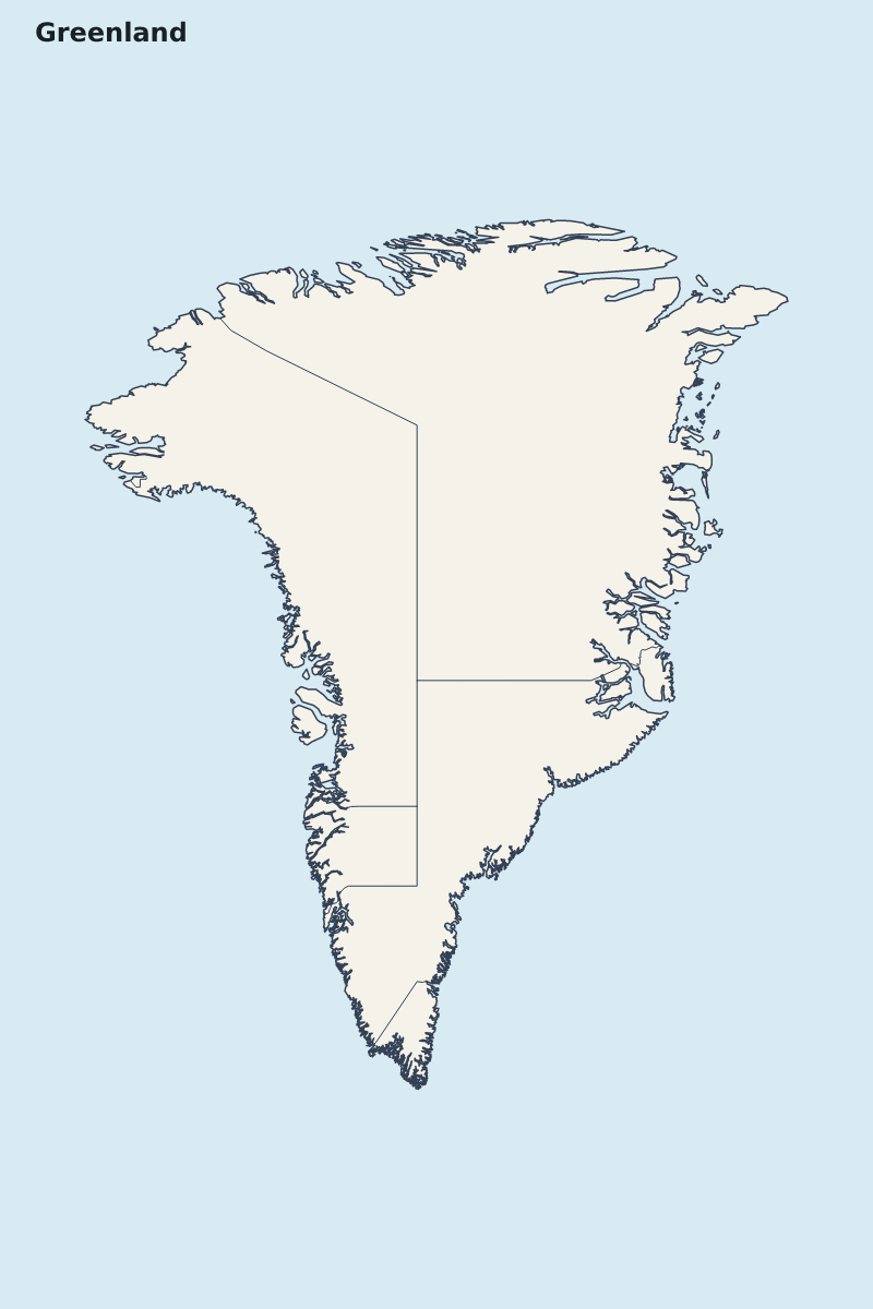 Mapa de resaltado de Greenland con límites administrativos internos.