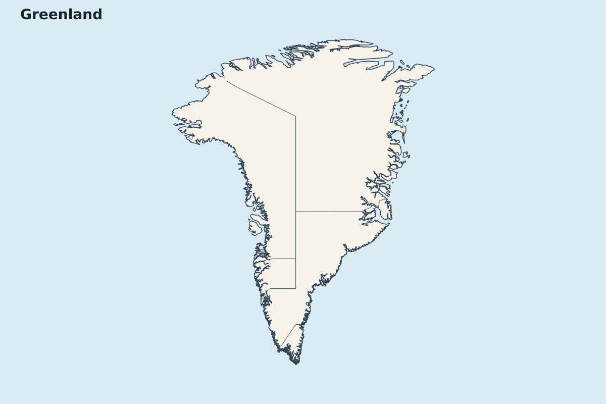 Mapa de resaltado de Greenland con límites administrativos internos.