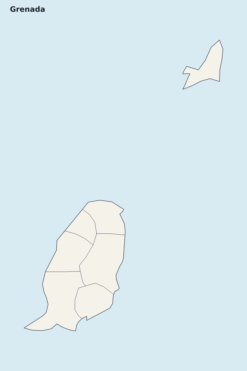 Mapa de resaltado de Grenada con límites administrativos internos.