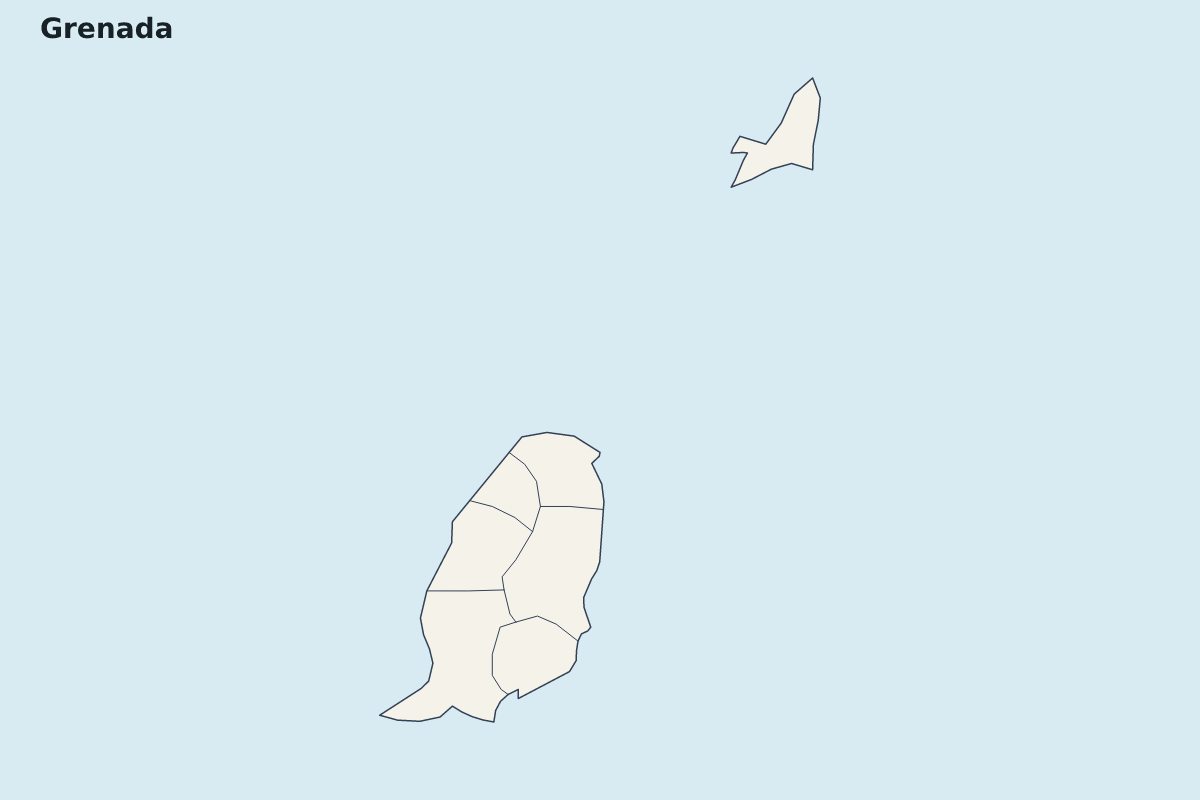Highlight map of Grenada with internal administrative boundaries.