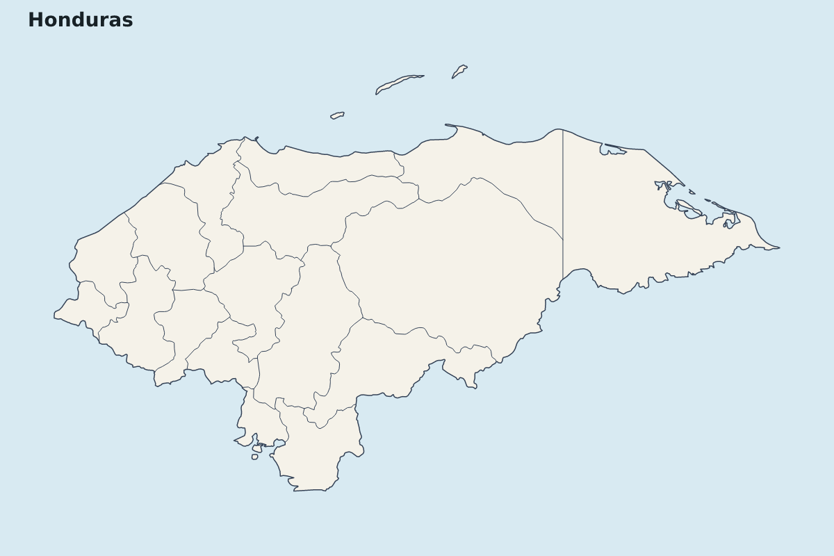 Mapa de resaltado de Honduras con límites administrativos internos.