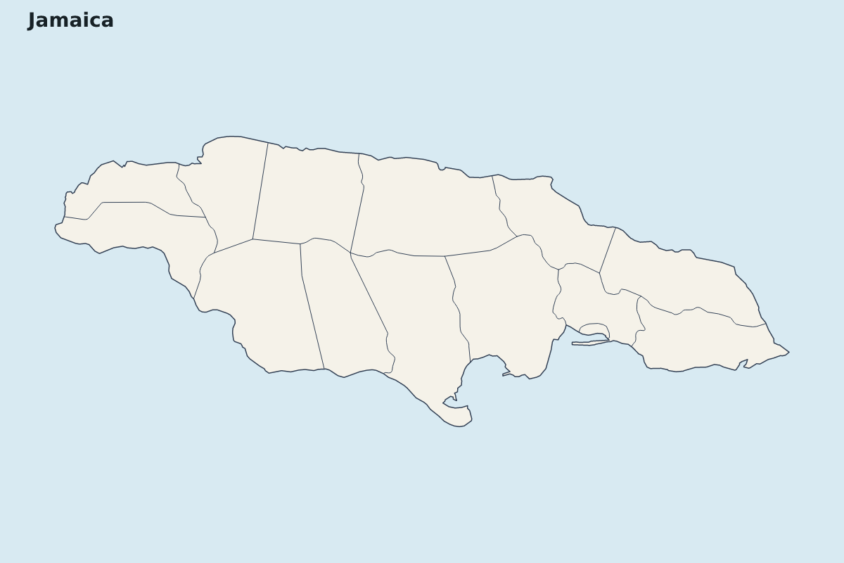 Mapa de resaltado de Jamaica con límites administrativos internos.