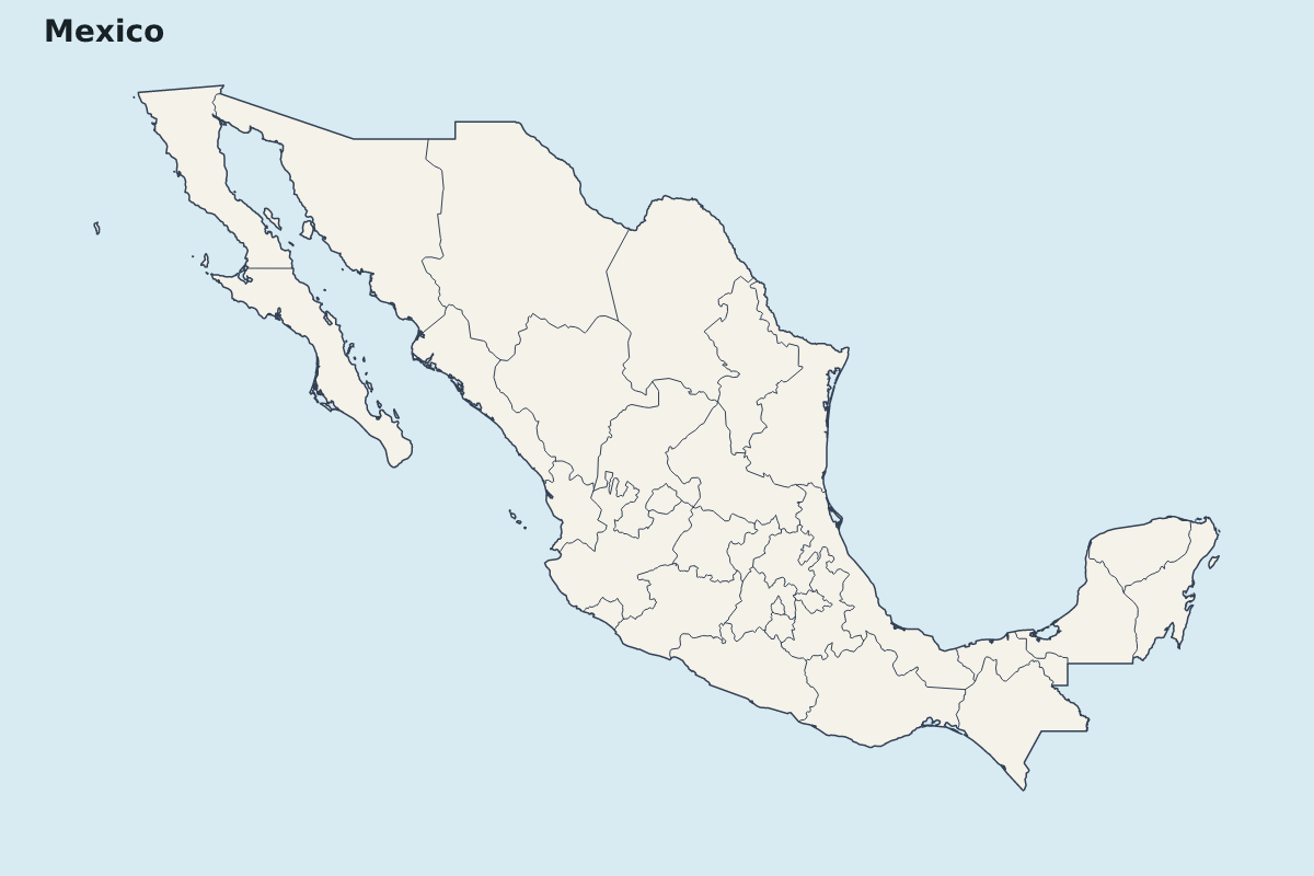 Highlight map of Mexico with internal administrative boundaries.