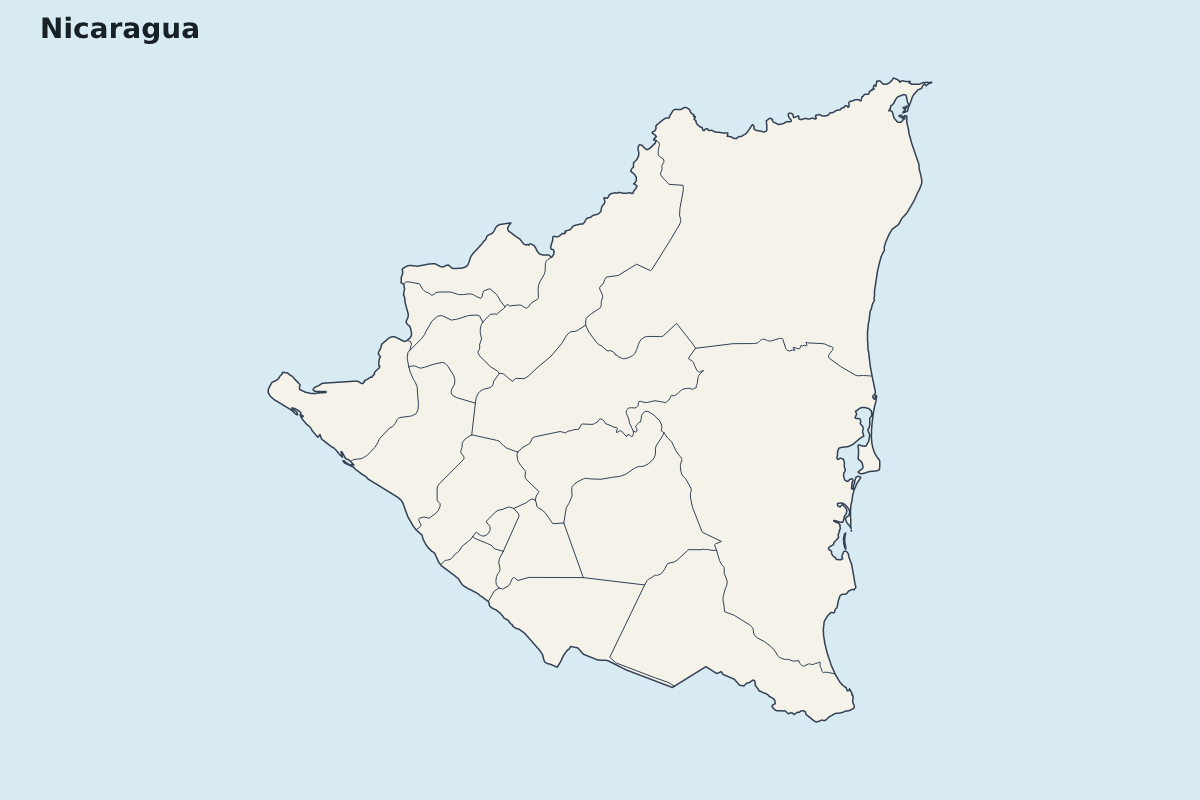 Mapa de resaltado de Nicaragua con límites administrativos internos.