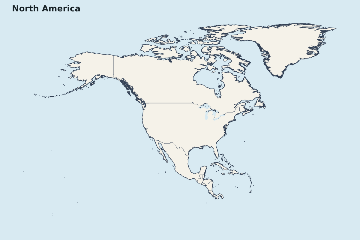 Mapa de resaltado de North America con límites administrativos internos.