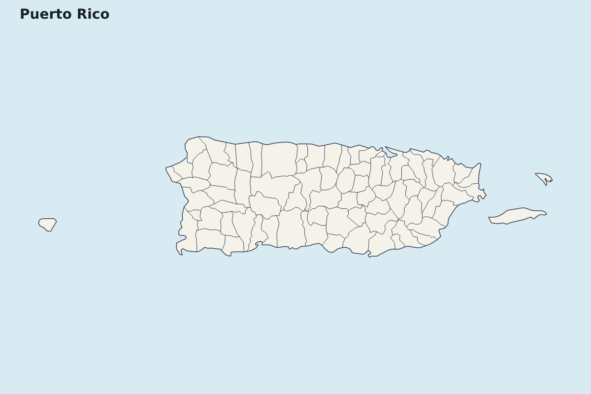 Mapa de resaltado de Puerto Rico, Puerto Rico con límites administrativos internos.