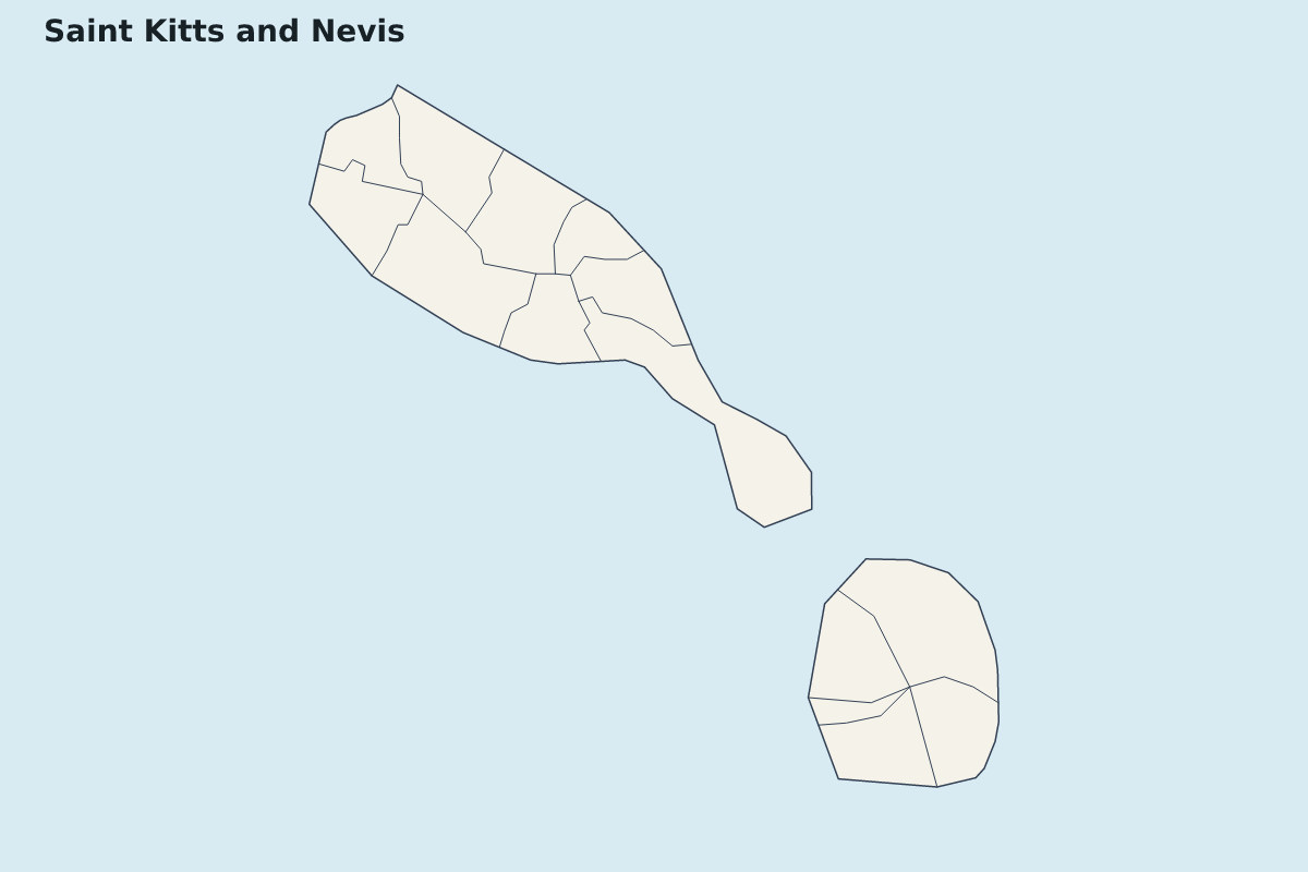 Mapa de resaltado de Saint Kitts and Nevis con límites administrativos internos.