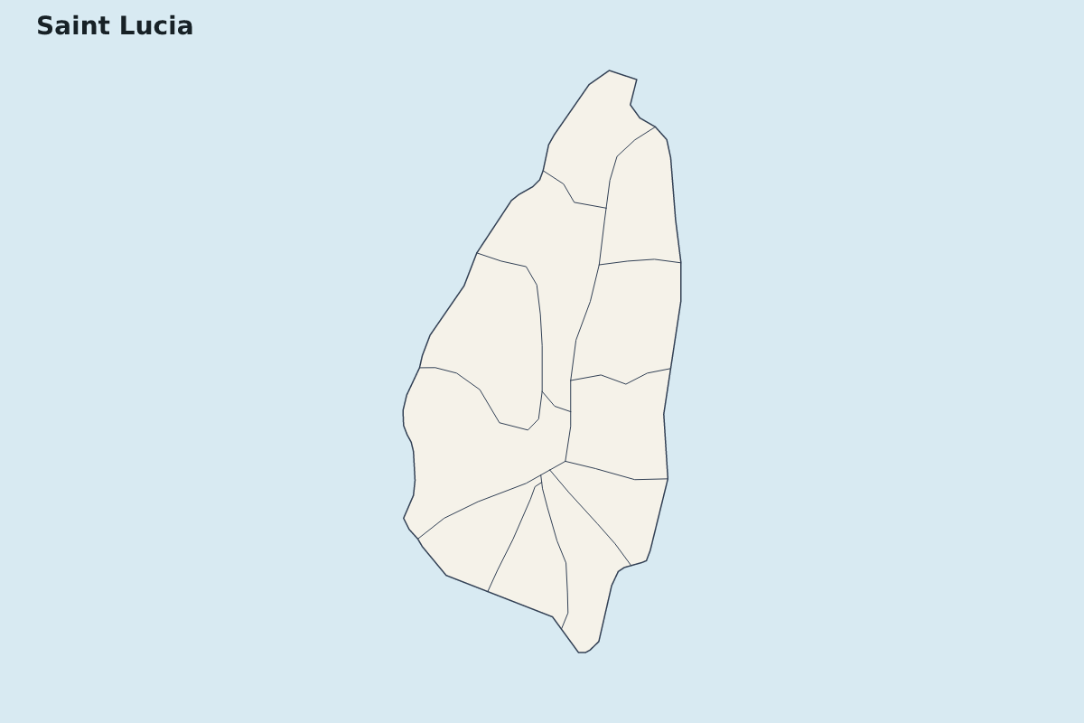 Highlight map of Saint Lucia with internal administrative boundaries.