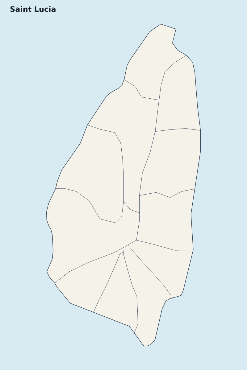 Mapa de resaltado de Saint Lucia con límites administrativos internos.