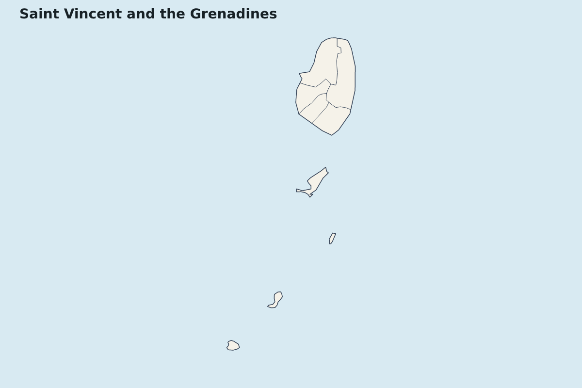 Highlight map of Saint Vincent and the Grenadines with internal administrative boundaries.