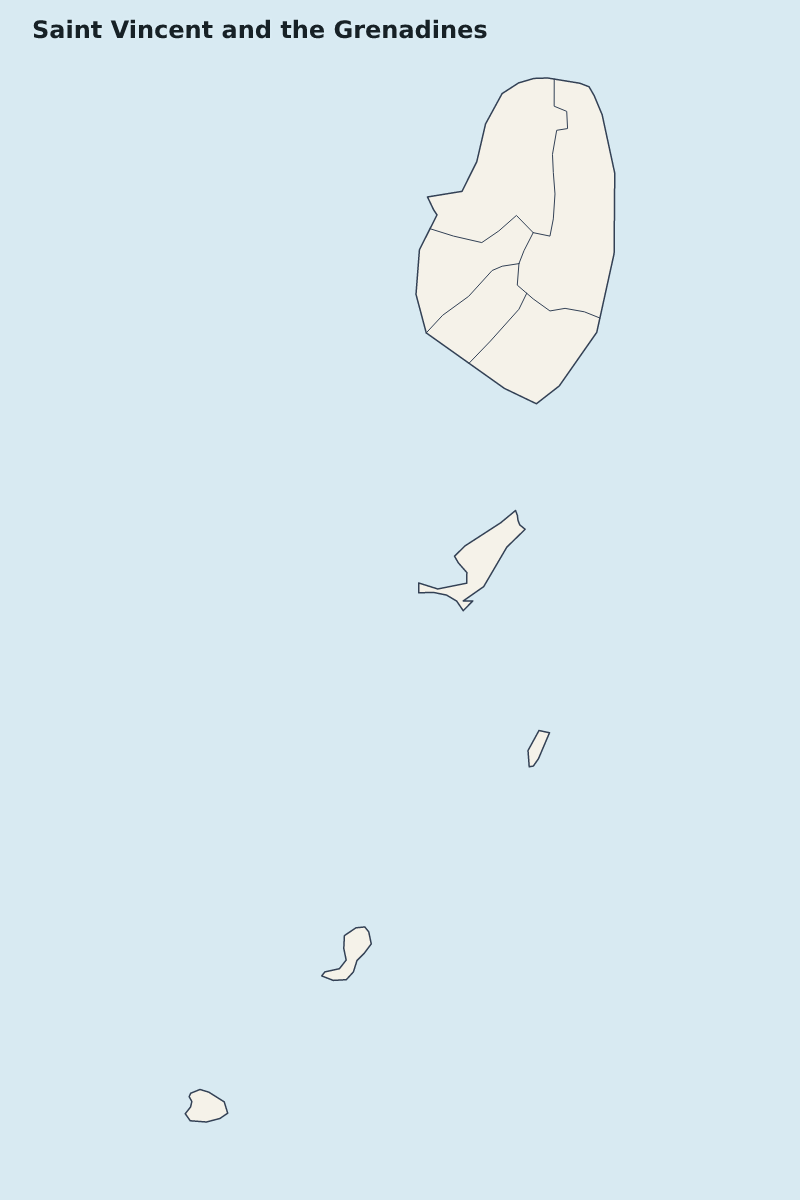 Mapa de resaltado de Saint Vincent and the Grenadines con límites administrativos internos.