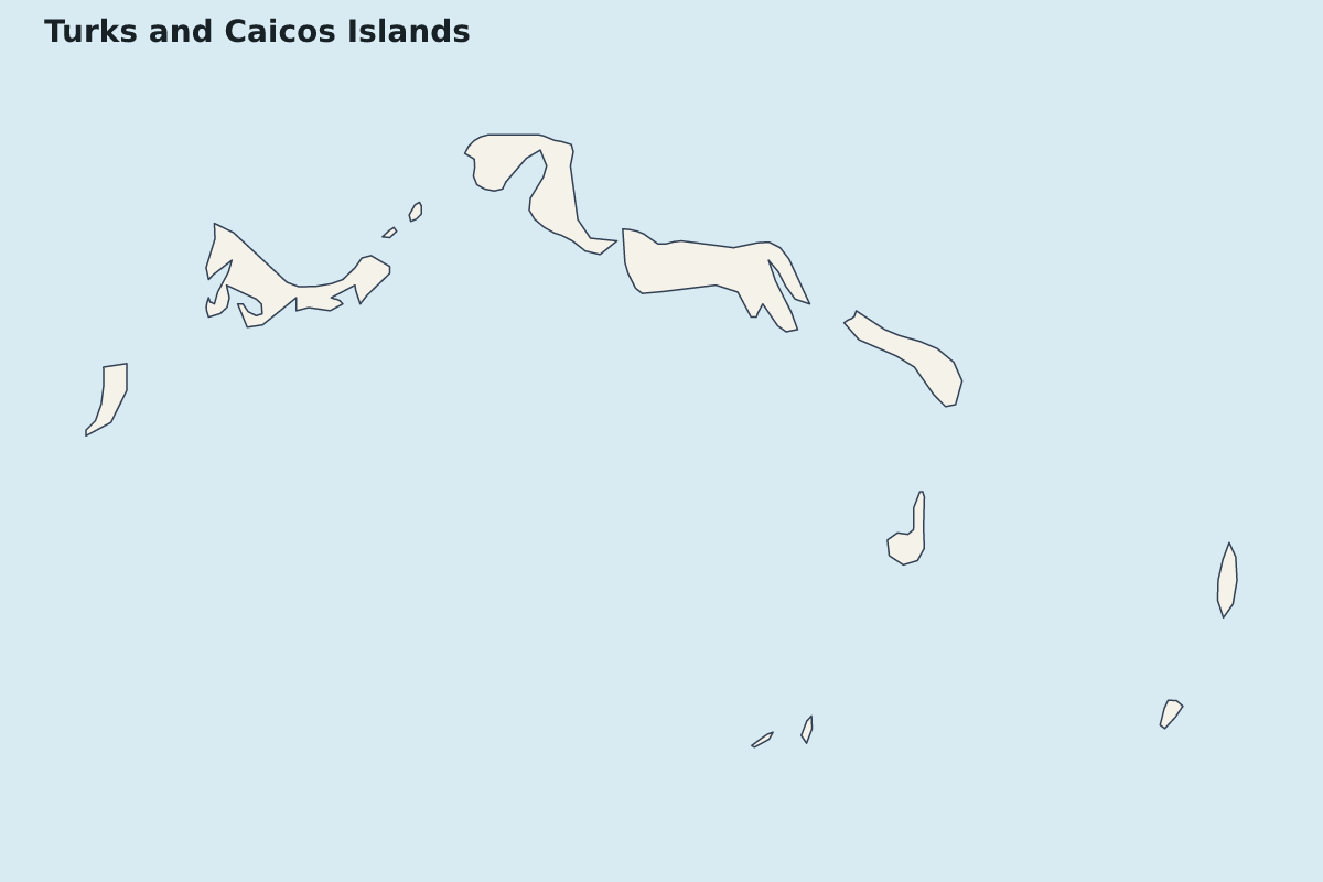 Mapa de resaltado de Turks and Caicos Islands con límites administrativos internos.