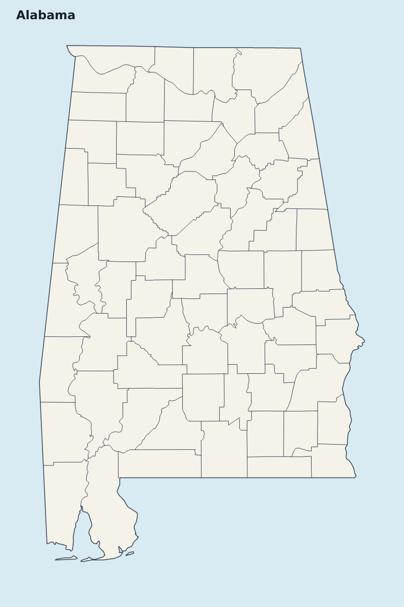 Mapa de resaltado de Alabama, United States con límites administrativos internos.