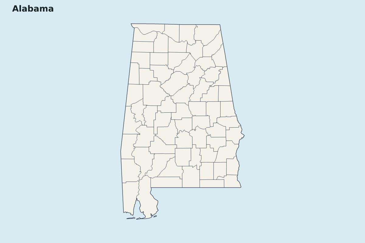 Highlight map of Alabama, United States with internal administrative boundaries.
